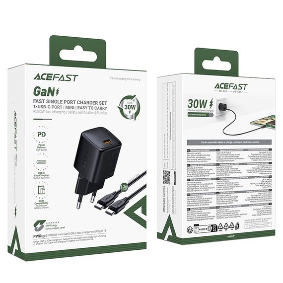 Зарядное устройство ACEFAST PD mini GaN USB-C fast charger set A118 (P5) 1USB-C, 30W/3A Black (6974316285175), изображение 4