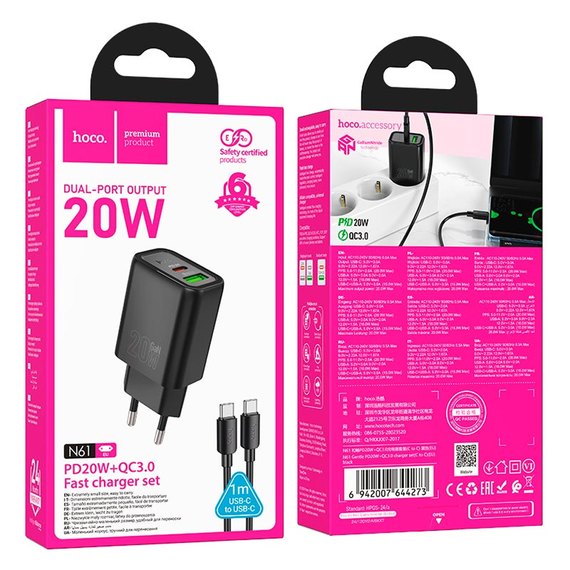 Зарядний пристрій HOCO Gentle charger N61 (Type-C to Type-C set) 1USB/1Type-C, 20W/3A, PD/QC Black (6942007644273), Колір: Black, зображення 4