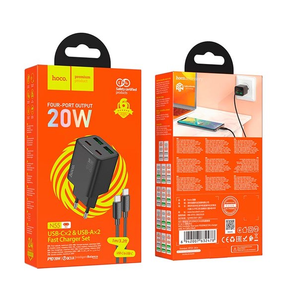Зарядное устройство HOCO Type-C to Type-C Cable Fundador four-port charger set N55 2USB/2Type-C, 20W/3A, PD/QC Black (6942007632478), изображение 4
