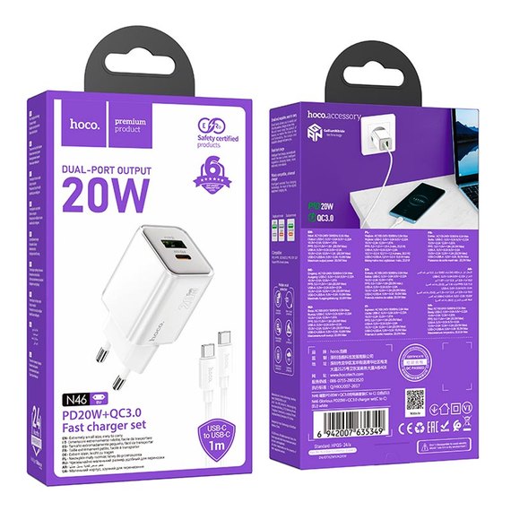 Зарядное устройство HOCO Type-C to Type-C cable Glorious N46 1USB/1Type-C, 20W/3A, PD/QC White (6942007635349), изображение 3