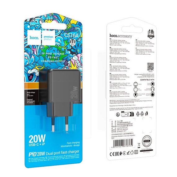 Зарядное устройство HOCO Wish two-way charger CS16A 1Type-C/1Lightning, 20W/3A Black (6942007638364), изображение 5
