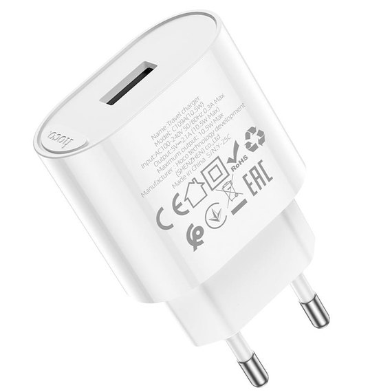 Зарядний пристрій HOCO Fighter single port charger C109A 1USB, 2.1A/10.5W White (6942007656580), зображення 2
